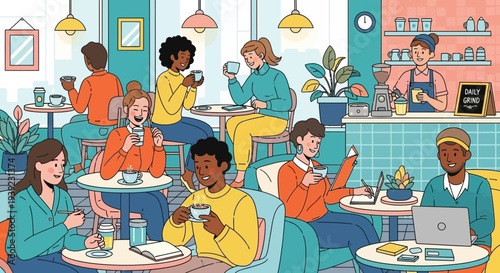 Diverse people enjoying coffee and conversation in a bright, modern cafe