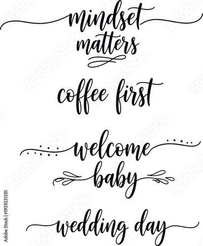 Elegant calligraphy designs featuring various celebratory and motivational phrases