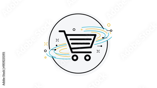 Modern shopping cart icon in a circle with motion lines and sparkles to represent fast delivery, online retail, and the excitement of purchasing goods.