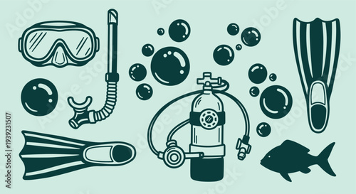 Scuba Diving Equipment and Marine Life Illustration for Underwater Adventures and Aquatic Exploration
