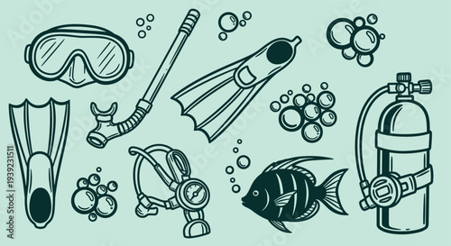 Collection of diving equipment and marine life illustration on a light blue background