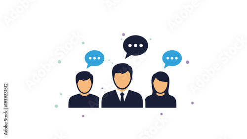 Silhouettes of three people with speech bubbles to represent team communication, group discussion, brainstorming, and social networking concepts.