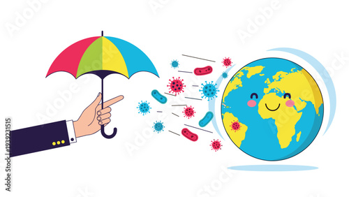 Hand holding an umbrella to shield a smiling earth globe from colorful germs and viruses, representing global health and safety measures.