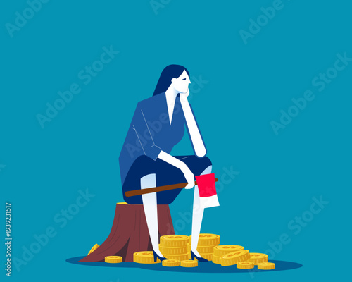 Bankruptcy. Businesswoman sitting despairingly holding an axe with gold coins