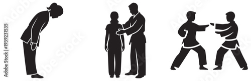 Martial arts figures demonstrate respect, training, and combat in silhouette