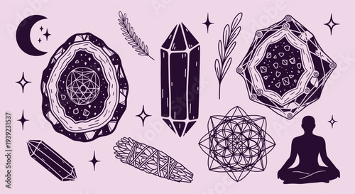 Esoteric symbols crystals moon and meditation silhouette on a pastel background mystical symbols for healing and spirituality