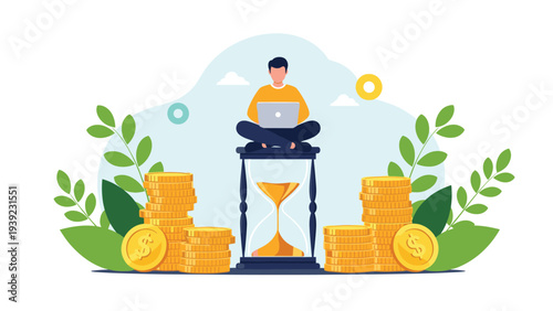 Illustration of a person sitting on an hourglass with a laptop, surrounded by money and plants for time management and financial growth themes.