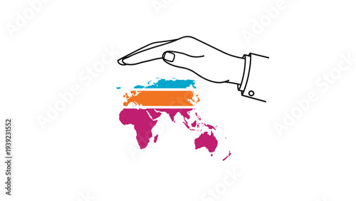 World map outline showing a protective hand hovering over a world map, representing international aid, global protection, and humanitarian efforts.