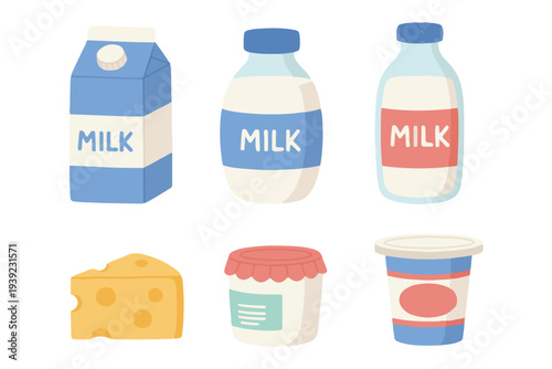 Daily Dairy Products Set, Cute Flat Vector Milk Carton Bottles and Yogurt Clipart
