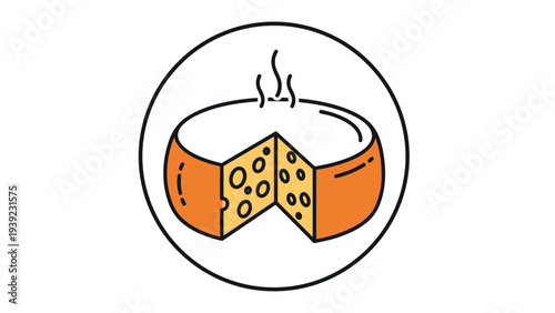 Round orange cheese with a wedge cut out to show its interior holes, placed inside a circular border for food, dairy, and culinary themes.