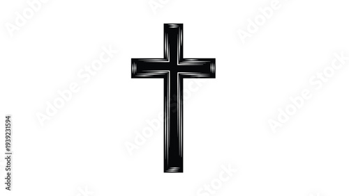 Simple black Christian cross with a wood grain texture effect on a plain white background, symbolizing faith, religion, and spirituality for many.