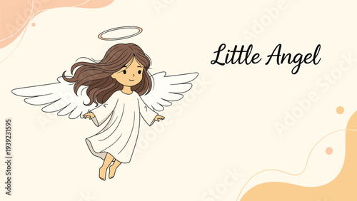 Adorable cartoon illustration of a little angel girl with wings and a halo flying through the air with the text Little Angel on a soft background.
