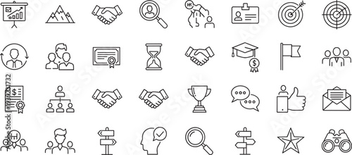 Business leadership and team management icons featuring handshakes, targets, graduation caps, trophies, and recruitment cad drawing flat vector illustration set.