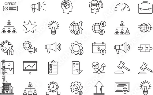 Business management icons set, professional corporate strategy symbols, global marketing finance, legal justice, team hierarchy, and creative startup growth concepts outline.