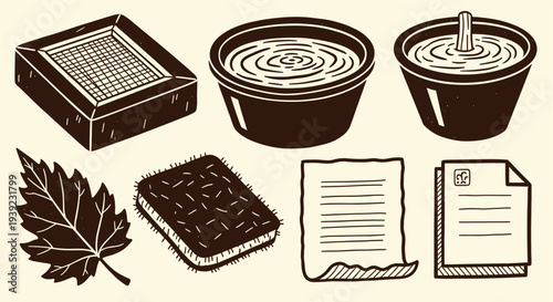 Handcrafted paper making process illustration with natural elements and tools for artisanal creation