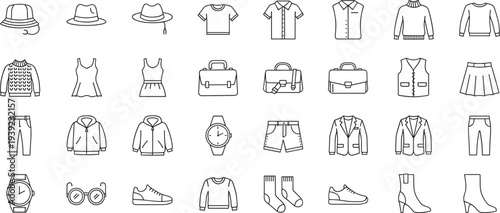Fashion and Apparel Line Icon Set Featuring Clothing, Accessories, Shoes, Bags, Watches, Eyewear, and Seasonal Outfits for E-commerce Graphic Design (21 words)