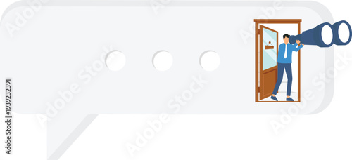 speech bubble, businessman searching, looking binoculars, market research, business strategy, communication concept, future opportunity, open doorway