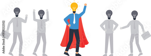 Business leader bright lightbulb creative idea standing out leadership skills innovation concept superhero cape unique person success metaphor teamwork concept great solution flat design