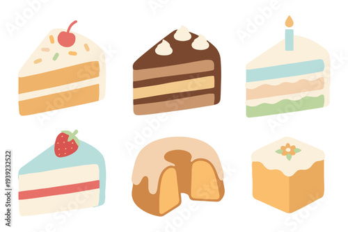 Cute Cake Slices Set, Cute Flat Vector Strawberry Chocolate and Bundt Cake Clipart