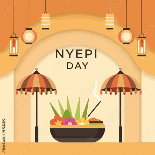 Nyepi Day Celebration: Balinese Offerings, Umbrellas, and Incense Under Lanterns