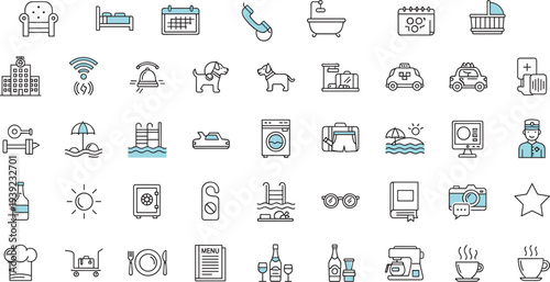 Hotel amenities and travel line icons featuring bed, WiFi, swimming pool, taxi, luggage, food, and cad drawing flat vector illustration set.