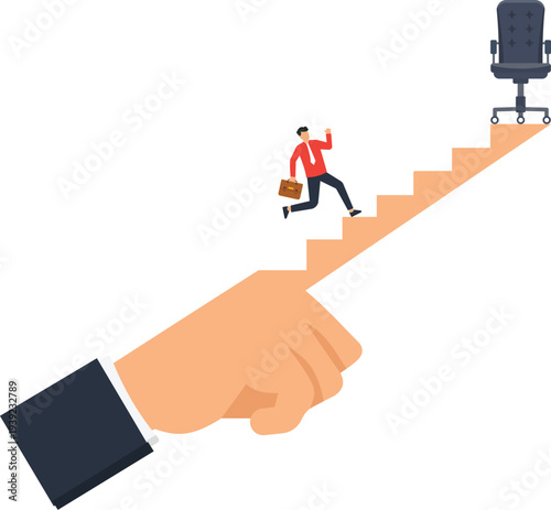 Businessman climbing career ladder success path leadership goal corporate ambition promotion opportunity upward movement giant hand executive chair striving forward business challenge