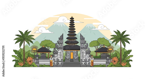 Traditional Balinese Temple Entrance with Meru Tower, Mountains, and Palm Trees