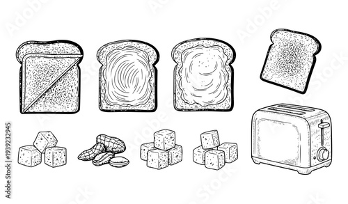 Hand Drawn Breakfast Toast Bread and Crouton Sketch Set with Toaster