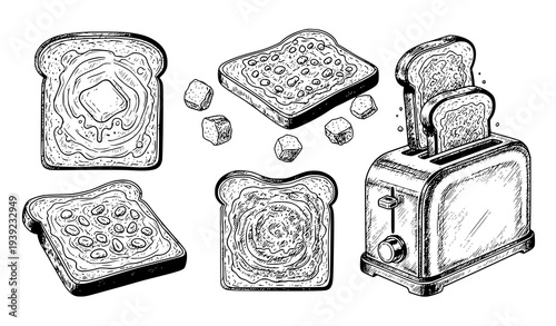 Sketch Toast Bread Collection with Butter Peanut Spread and Toaster Vector