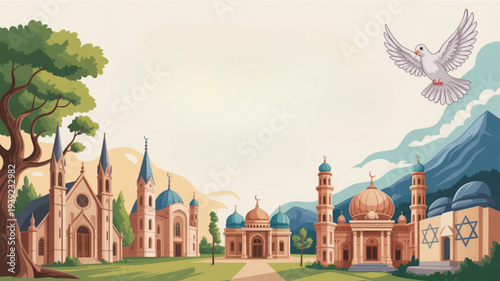Dove Flying Over Mosque Illustration.