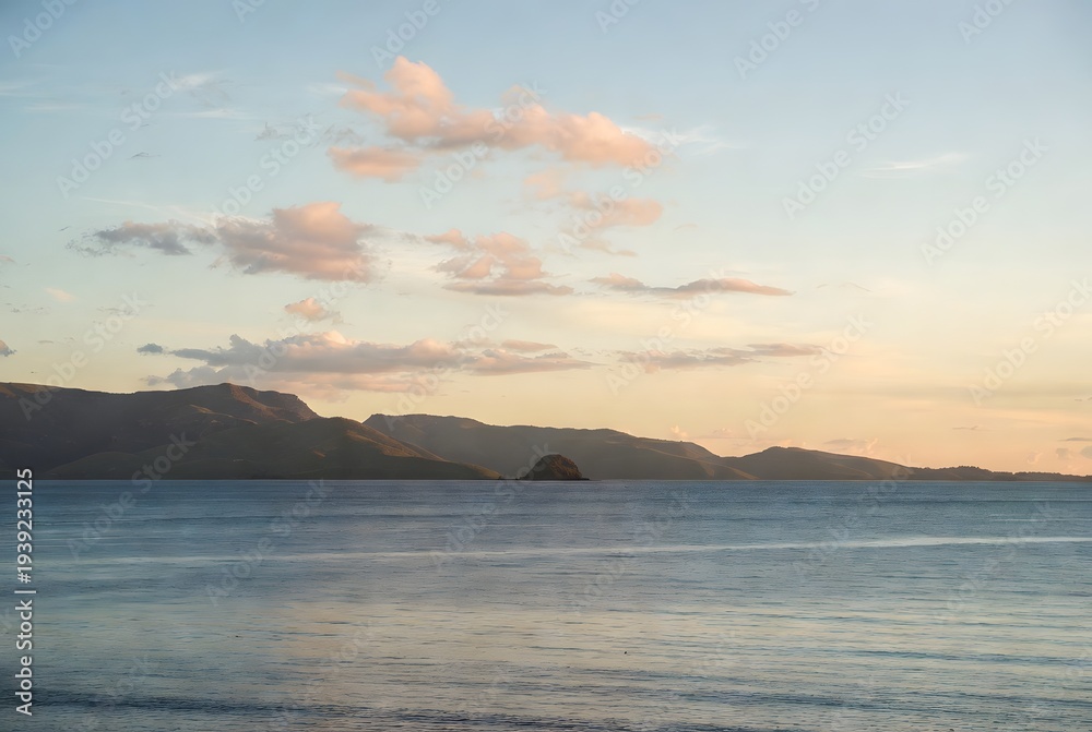 Fototapeta premium Serene Coastal Vista: Tranquil ocean waters meet the silhouette of distant mountains beneath a pastel-hued sky, evoking a sense of calm and natural beauty.