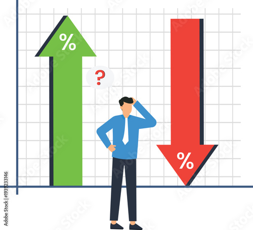 Businessman analyzing financial data market uncertainty business dilemma percentage growth economic decline confused man stock market investment risk upward arrow