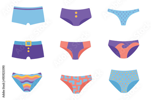 Women Underwear Collection, Colorful Panties and Lingerie Set Flat Vector Clipart