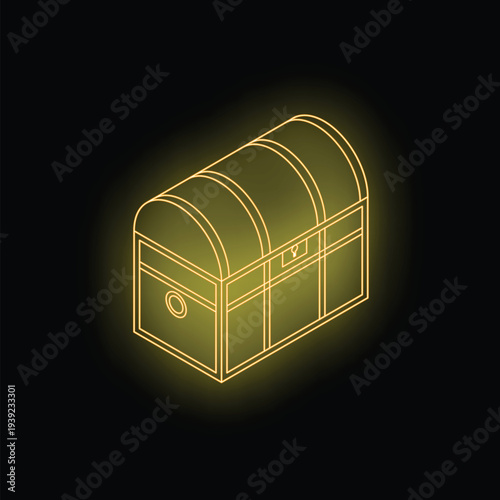 Glowing neon treasure chest shining on a black background, perfect for concepts related to wealth, riches, and valuable possessions