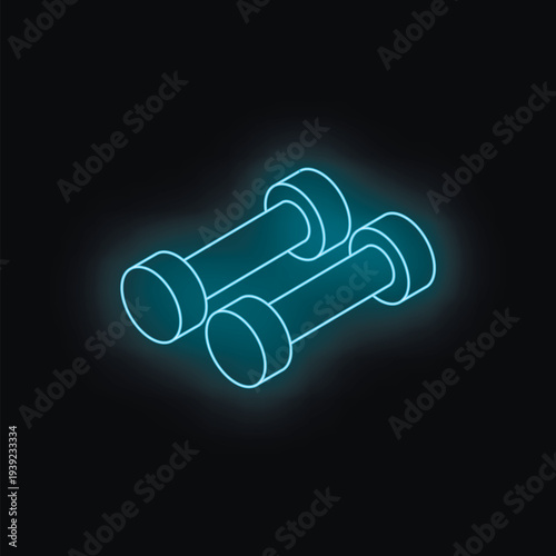 Glowing neon dumbbells representing working out, fitness, bodybuilding, healthy lifestyle and gym activity