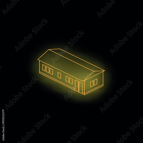 Neon yellow prefabricated modular house glowing on black background representing modern and sustainable housing solutions