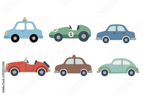 Retro Classic Car Set, Vintage Style Toy Vehicles and Racing Cars Flat Illustration