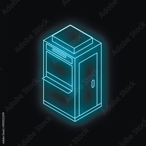 Neon ticket booth glowing on a black background, viewed in isometric projection, ideal for entertainment and event concepts