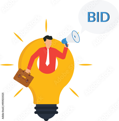 Businessman lightbulb idea megaphone announcement bidding process auction proposal marketing strategy creative solution communication concept flat design innovation success