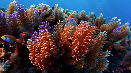 Underwater coral reef ecosystem with vibrant soft corals and a small reef fish in clear blue ocean