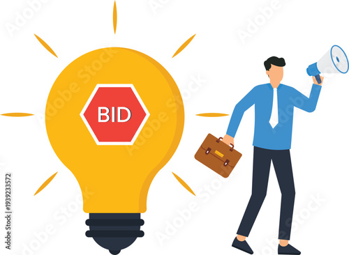 Businessman announcing business concept lightbulb idea auction bidding marketing strategy financial opportunity corporate communication megaphone speaker tender process