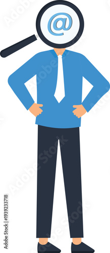 Business person magnifying glass email address contact search digital identity corporate investigation professional attire flat design modern concept finding information user identification