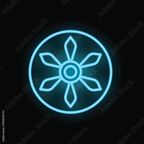 Bright blue neon glowing dharma wheel, a symbol of buddhism and buddhist teachings