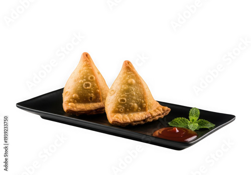 A plate of samosas with sauce and herbs isolated on transparent background