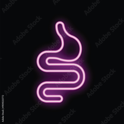Neon icon of a human gastrointestinal tract glowing on a black background