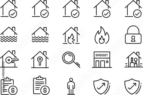 Title: a collection of various house and property including different types of houses, fire, lock, magnifying glass, store, and shield on a white background