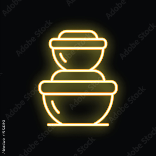 Bright yellow neon icon of two stacked bowls glowing on a dark background