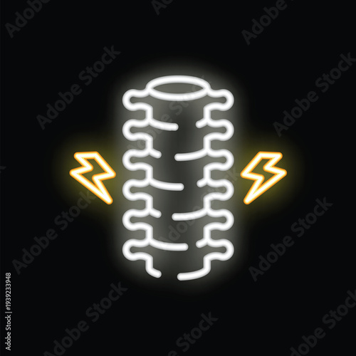 Neon sign representing a white spinal column with two yellow electric shocks, illustrating the concept of back pain