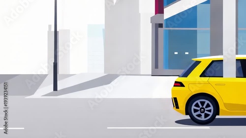 Urban scene with yellow car illustration cityscape modern design graphic animation background automotive vehicle urban transportation