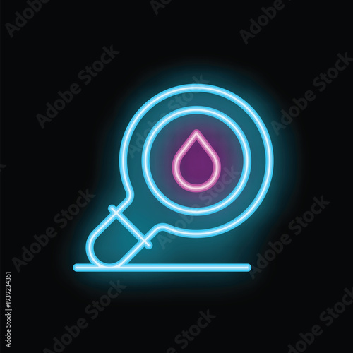 Neon icon of a magnifying glass focusing on a single blood drop, symbolizing medical research and analysis